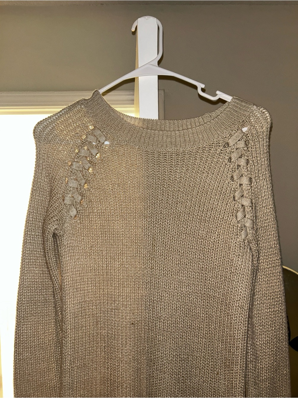 SO Beige Crewneck Sweater with Lace-Up Shoulder Detail